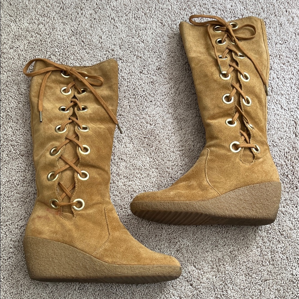 Michael Kors Lace-Up Wedge Boots in Tan Suede